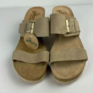 NWT YOKONO SZ 9.5 BEIGE WEDGE CORK GOLD BUCKLE STYLISH COMFORTABLE REAL LEATHER